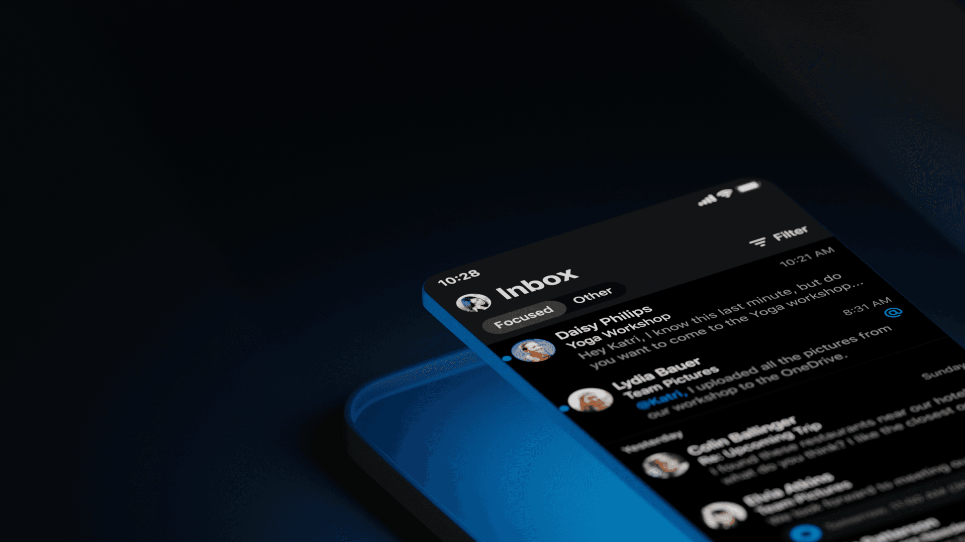 Microsoft Outlook on iPhone — Focused Inbox in dark mode