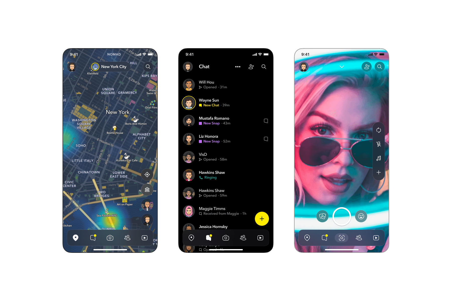 Snapchat surfaces — map, chat, camera, stories and spotlight in dark mode